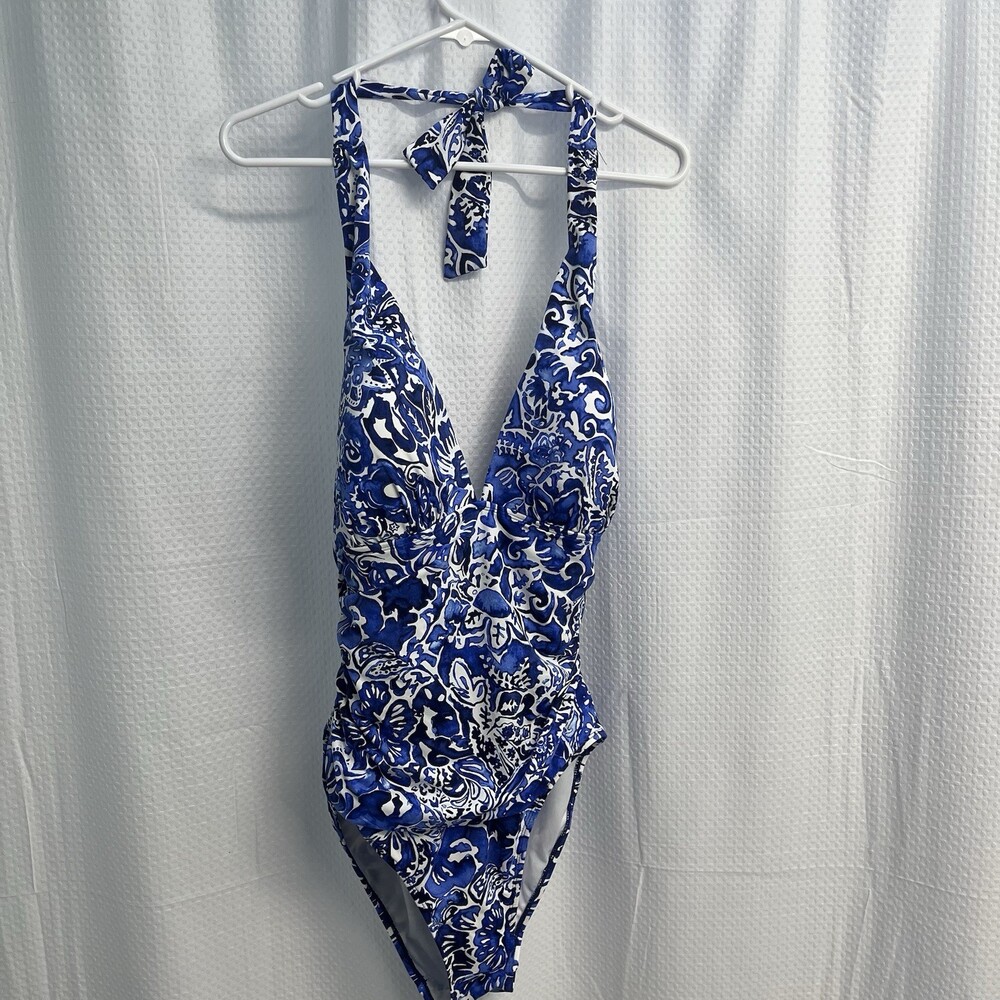 Lauren Ralph Lauren Tropic‎ Floral Halter Blue & White One Piece Swimsuit 14